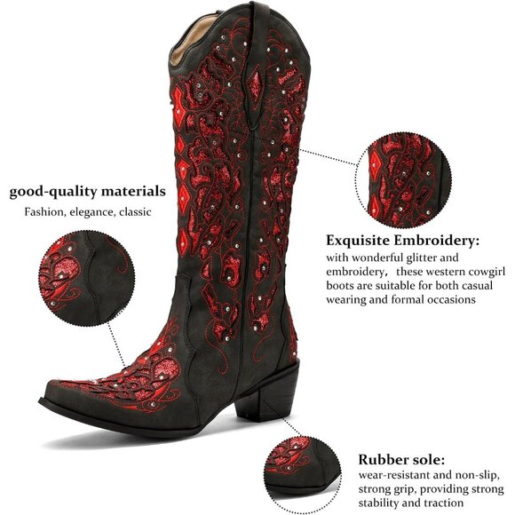 Red Women Sparkly Rhinestone Wedding Boots Trendy Vintage Tall Glitter Boot - Picture 4 of 5